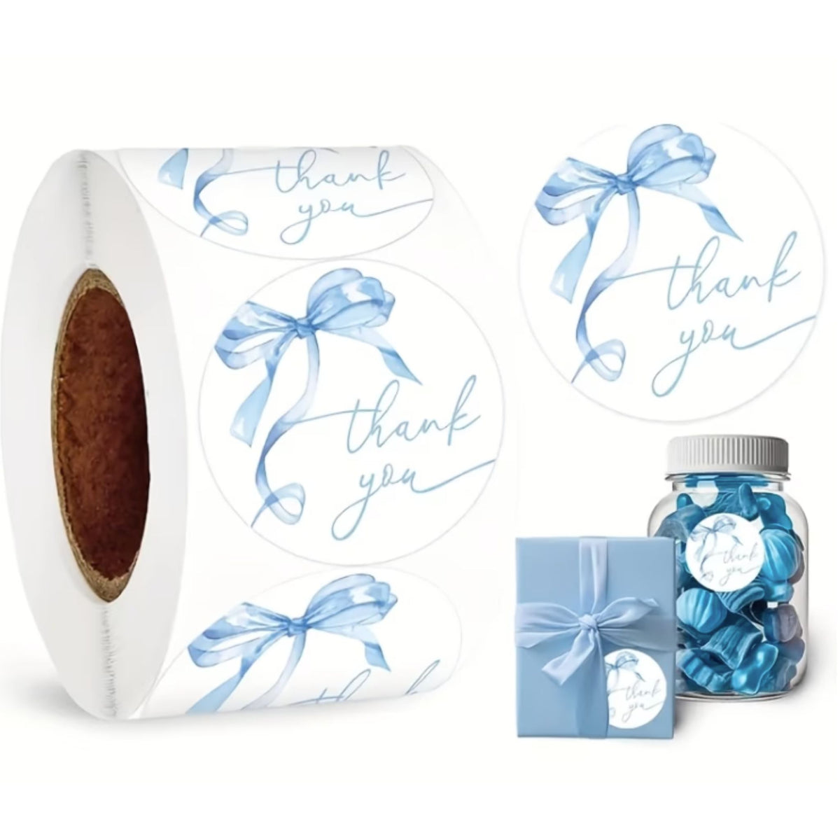 Blue Bow Thank You Stickers - 100 Pieces