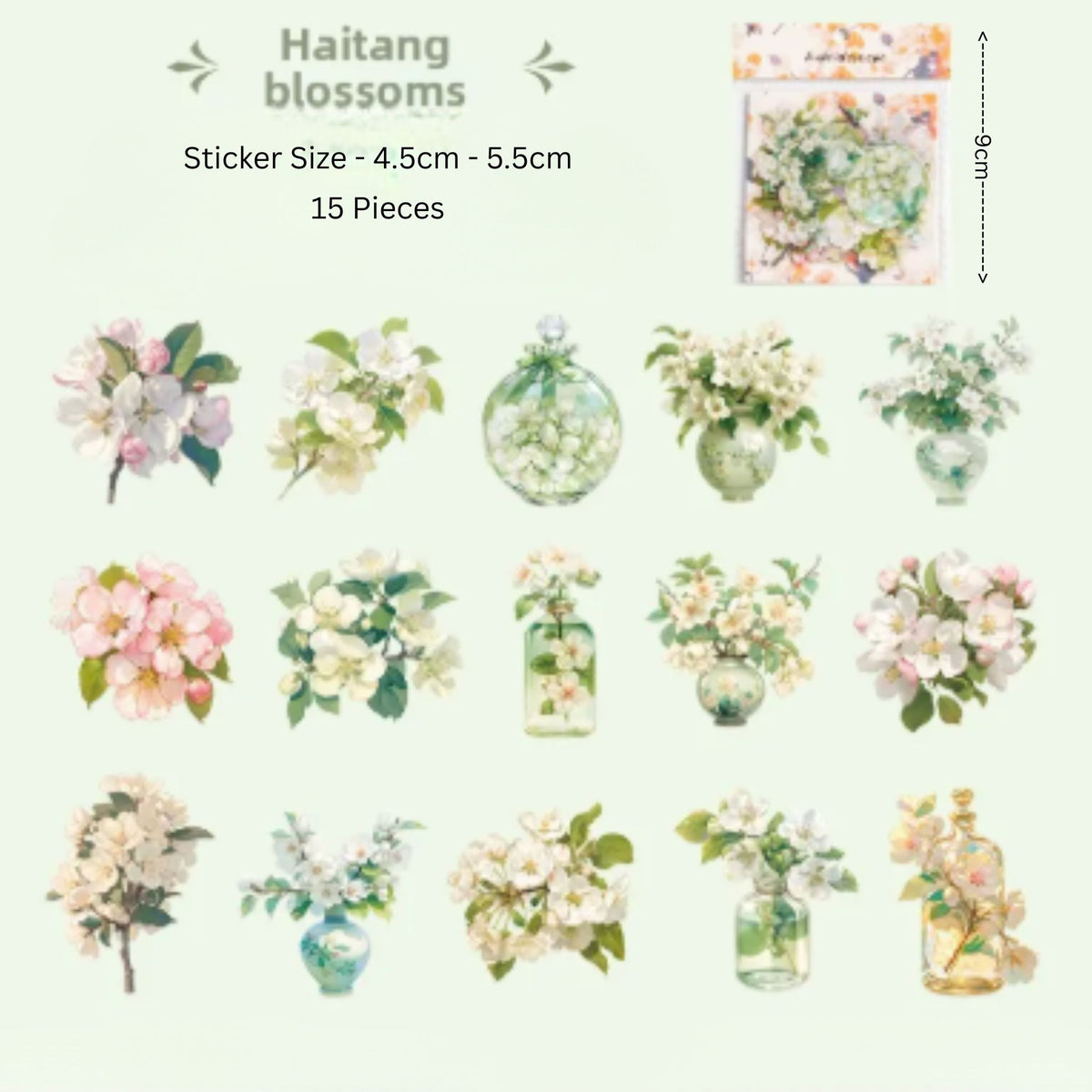 Haitang Blossom Flower PET Stickers - 15 Pieces