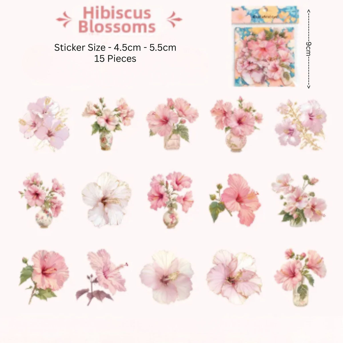 Pink Hibiscus Flower PET Stickers - 15 Pieces