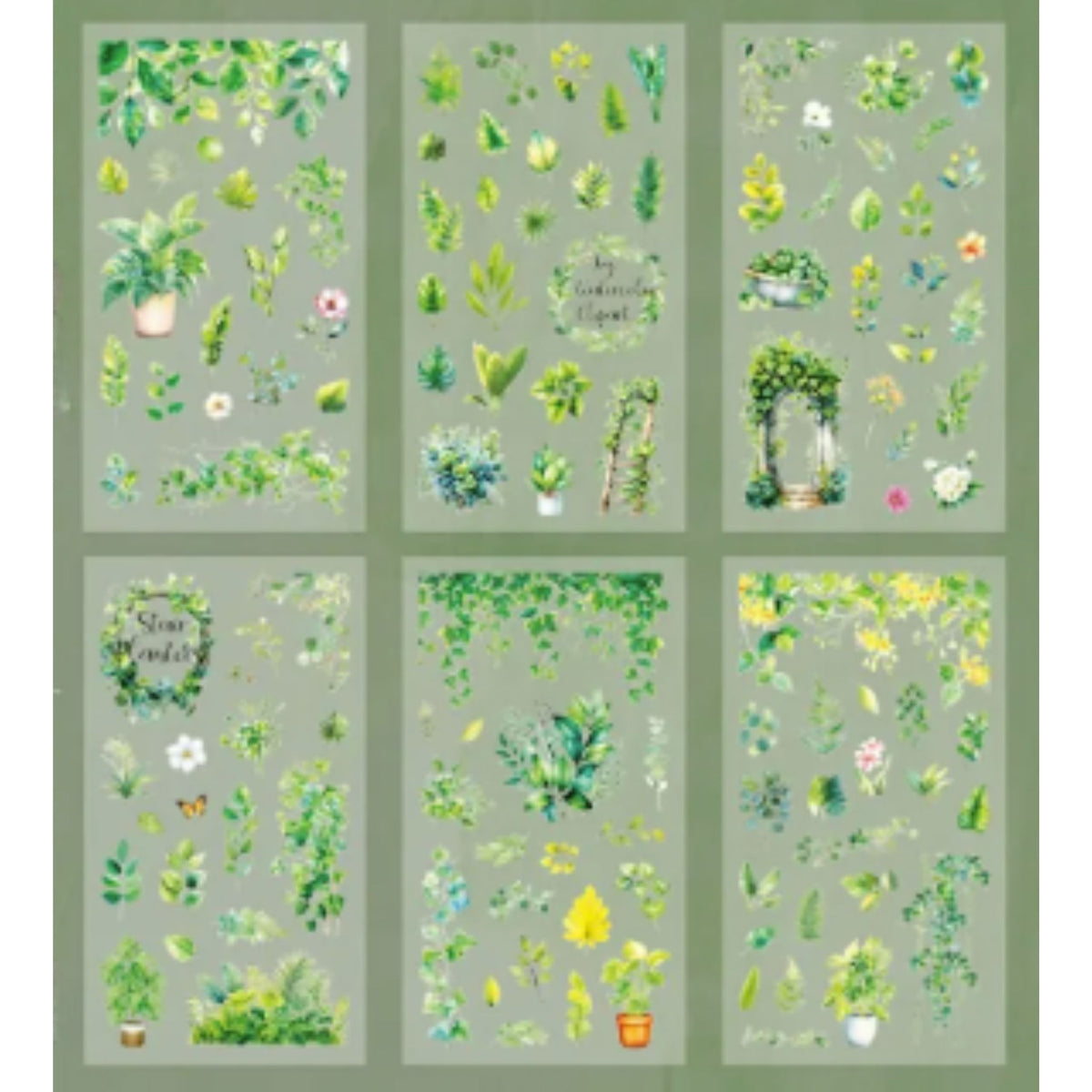 Green Leaf Plant Transparent PET Stickers - 6 Sheets