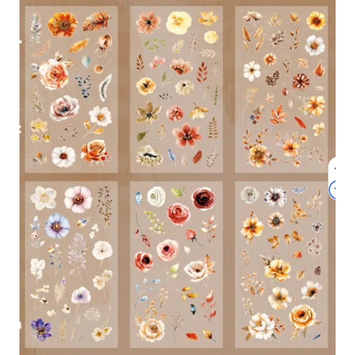 Mixed Vintage Flower Transparent PET Stickers - 6 Sheets