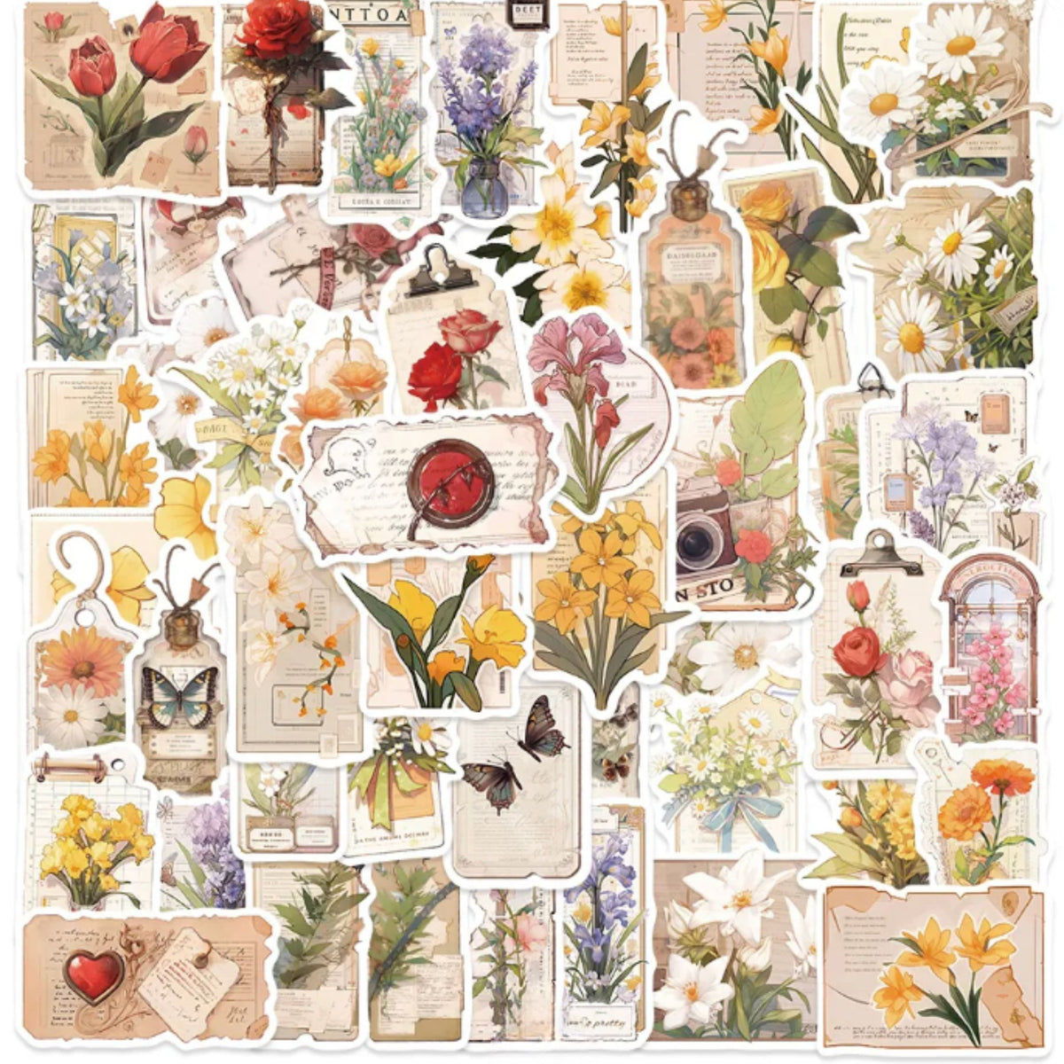 Vintage Flower Rose Stickers - 50 Pieces