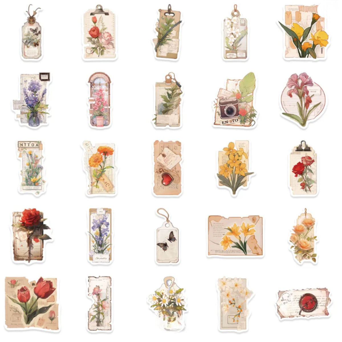 Vintage Flower Rose Stickers - 50 Pieces