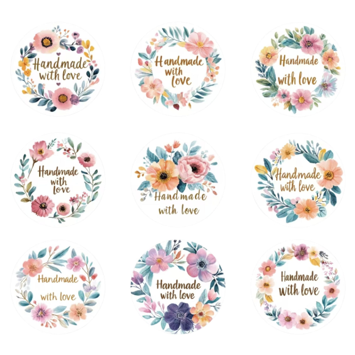 Floral Handmade with Love Stickers - 100 Pieces