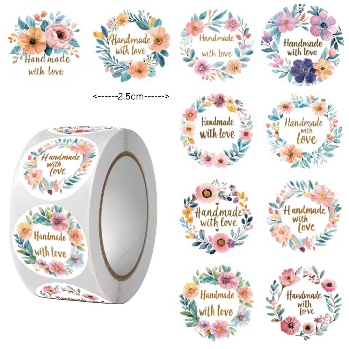 Floral Handmade with Love Stickers - 100 Pieces