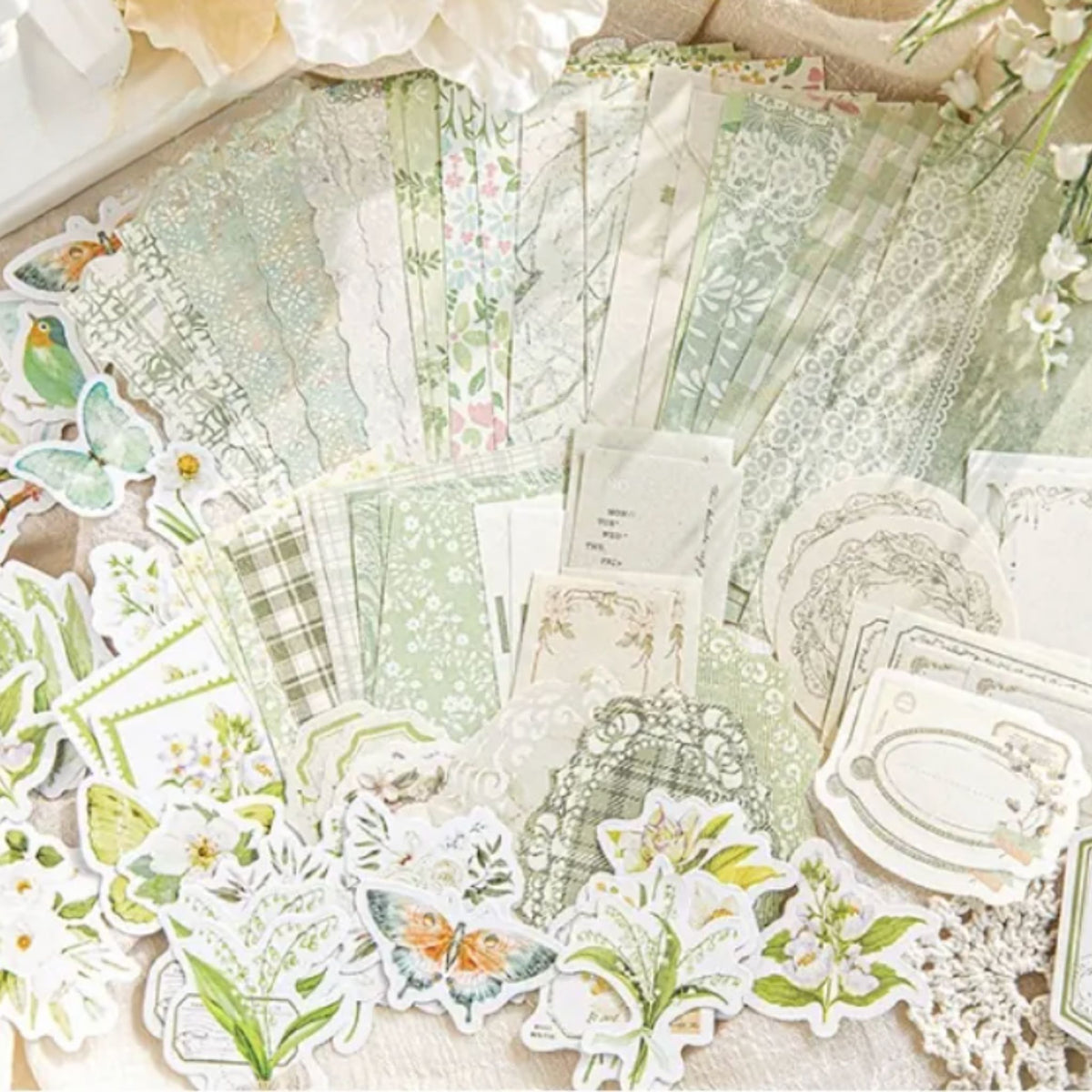 Green Scrapbooking Junk Journal Paper & Sticker Pack- 100 Pieces