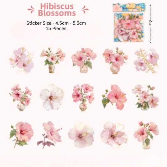 Pink Hibiscus Flower PET Stickers - 15 Pieces