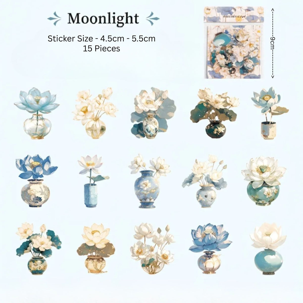 Blue White Lotus Flower PET Stickers - 15 Pieces