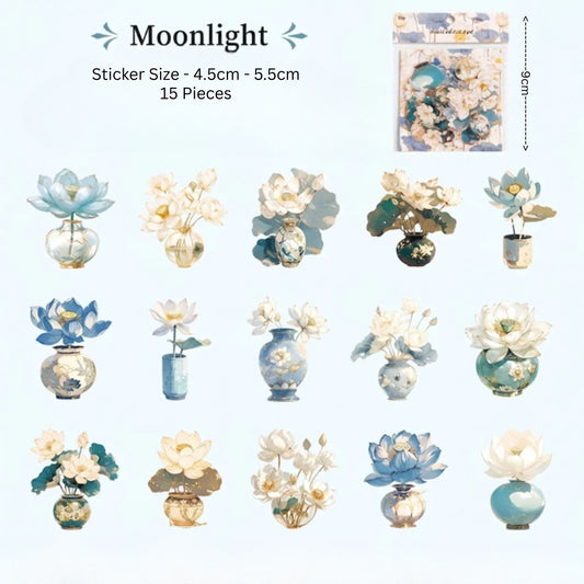 Blue White Lotus Flower PET Stickers - 15 Pieces