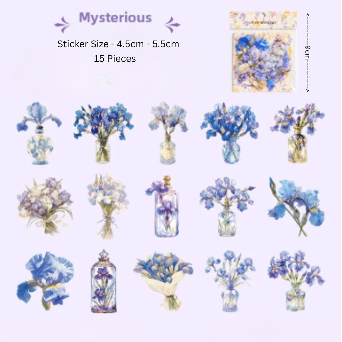 Blue Iris Flower PET Stickers - 15 Pieces