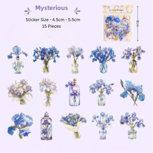 Blue Iris Flower PET Stickers - 15 Pieces