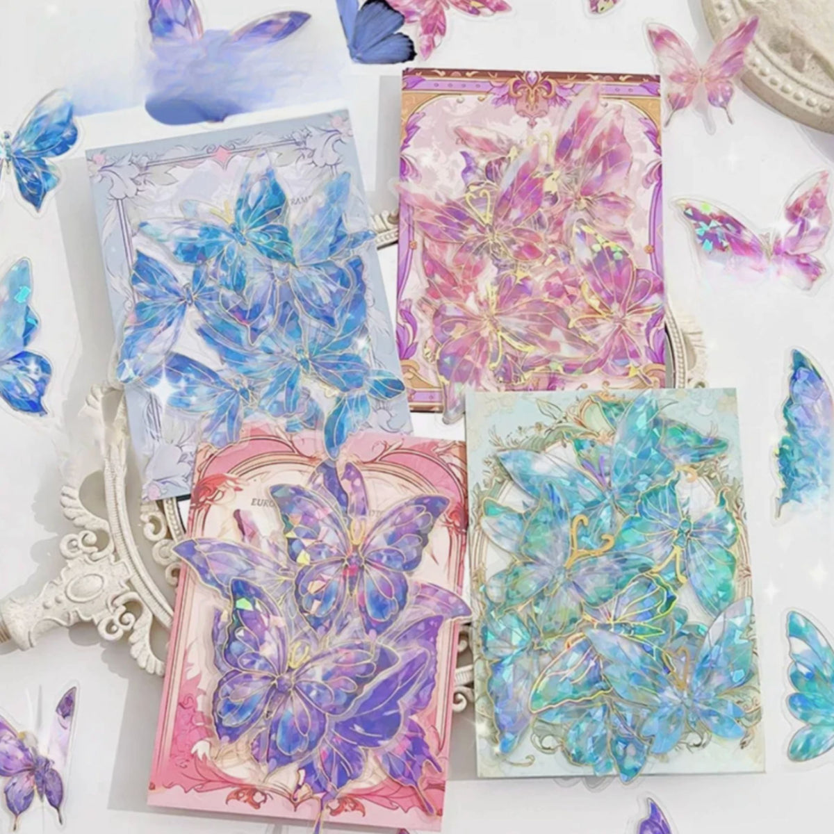 Purple Holographic Laser Butterfly PET Gold Stickers - 20 Pieces