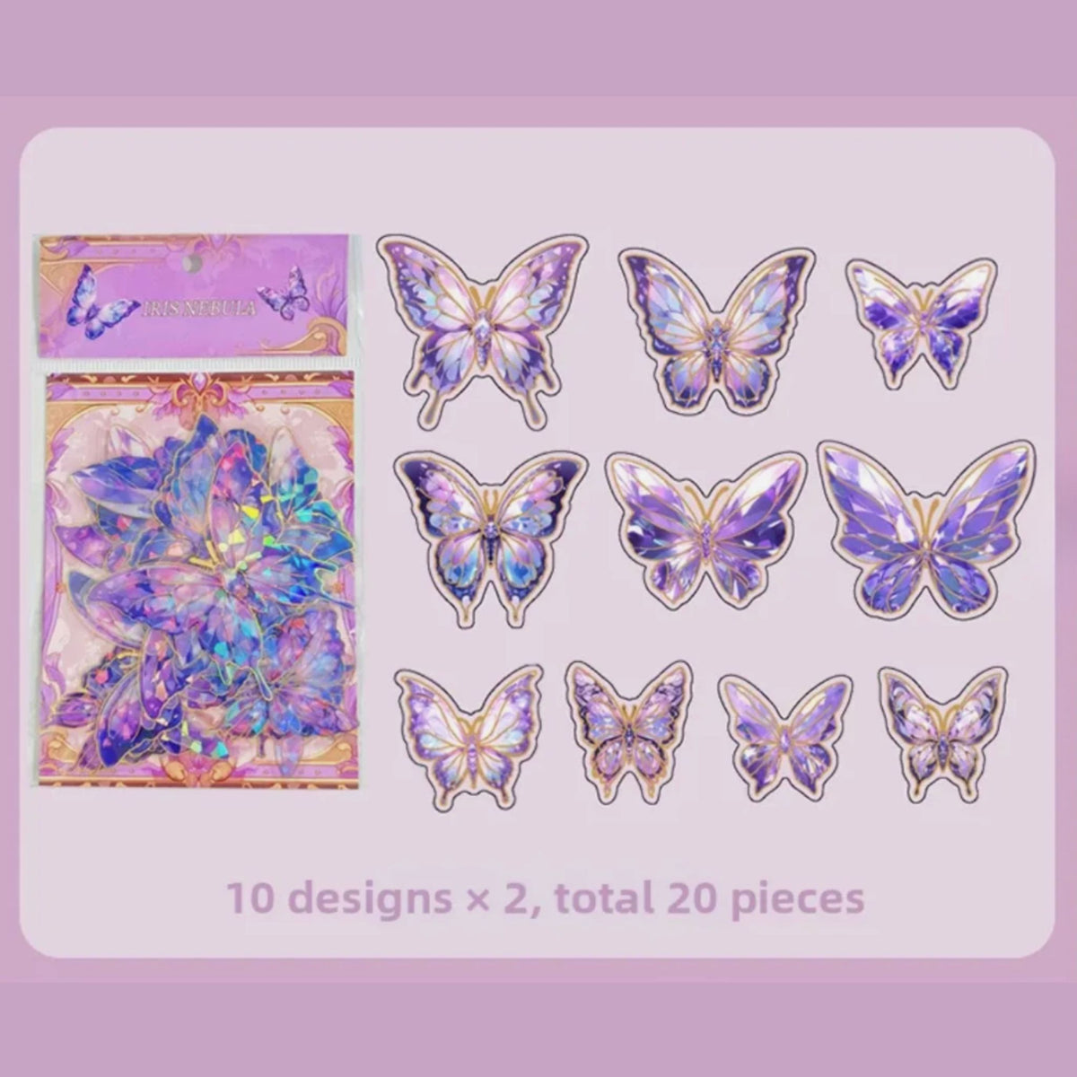 Purple Holographic Laser Butterfly PET Gold Stickers - 20 Pieces