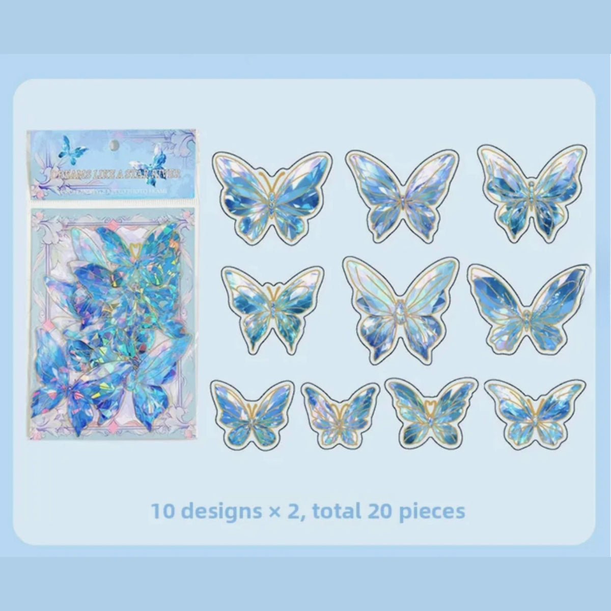 Blue Holographic Laser Butterfly PET Gold Stickers - 20 Pieces