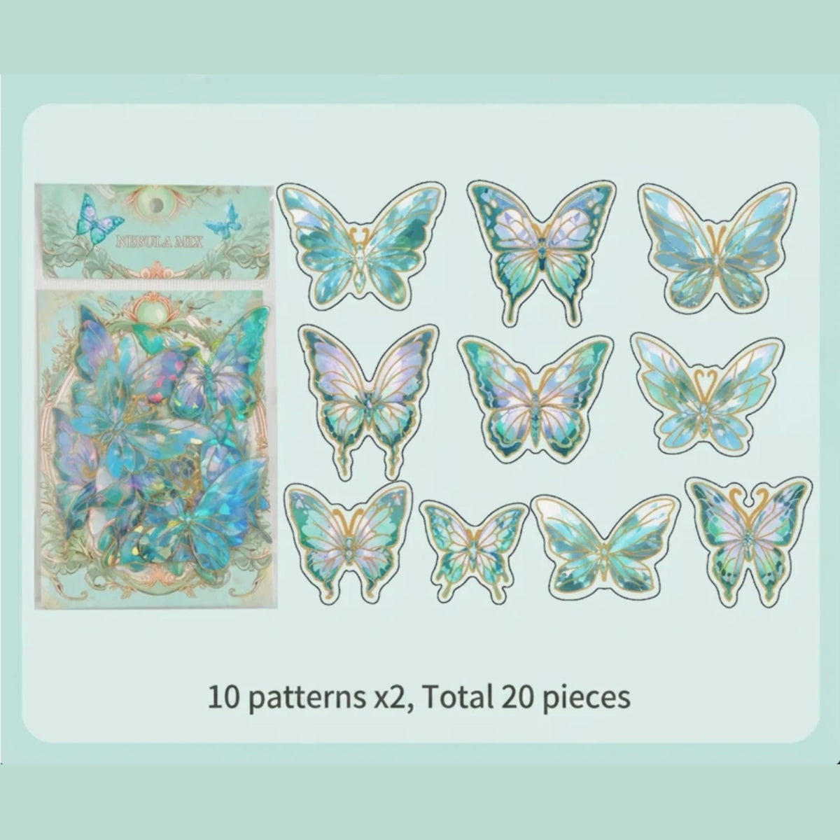 Green Holographic Laser Butterfly PET Gold Stickers - 20 Pieces