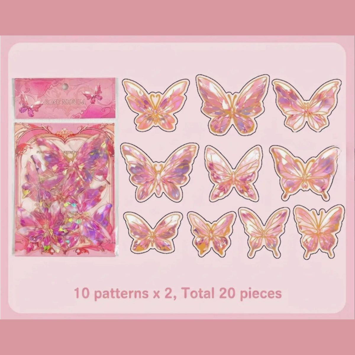 Pink Holographic Laser Butterfly PET Gold Stickers - 20 Pieces