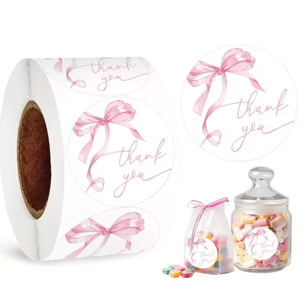 Pink Bow Thank You Stickers - 100 Pieces