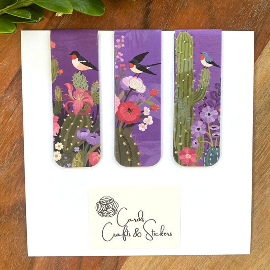 Purple Cactus Bird Magnetic Bookmarks #1 - Set of 3