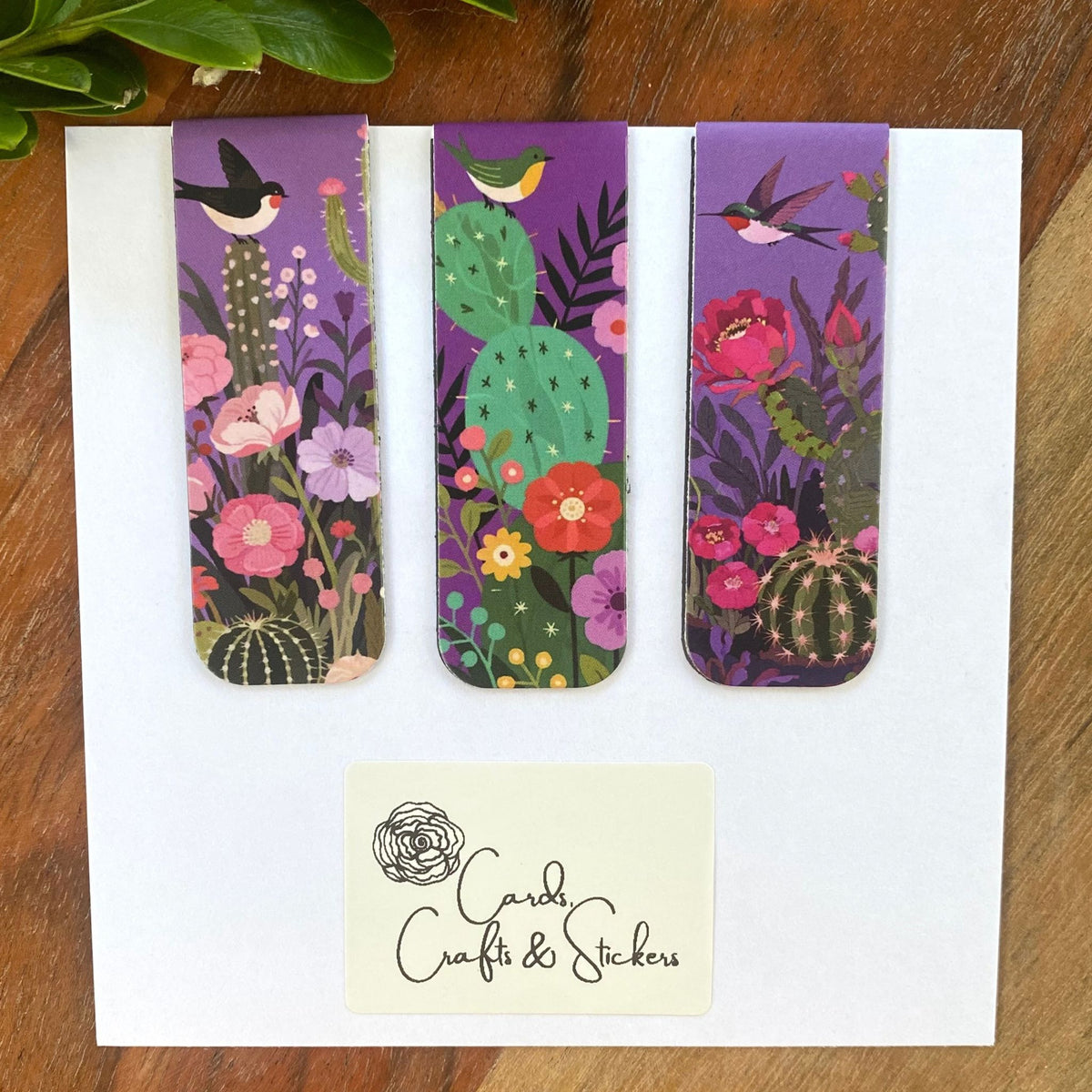 Purple Cactus Bird Magnetic Bookmarks #2 - Set of 3