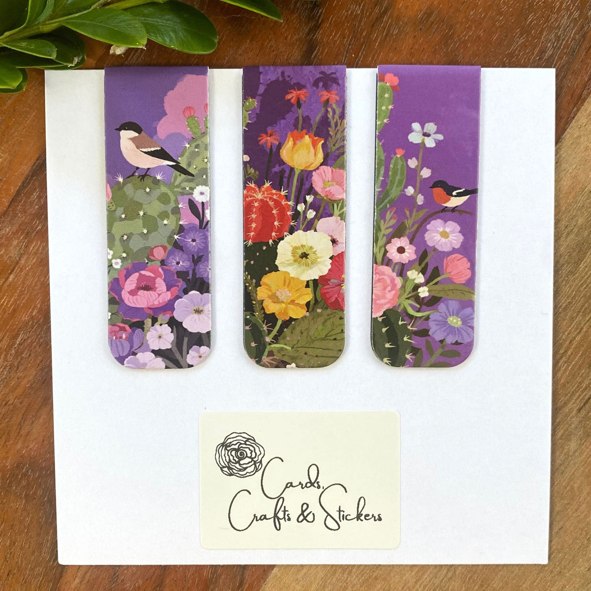 Purple Cactus Bird Magnetic Bookmarks #3 - Set of 3