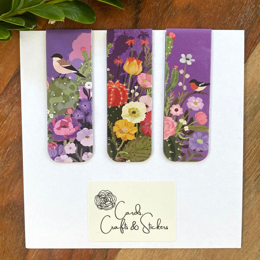 Purple Cactus Bird Magnetic Bookmarks #3 - Set of 3