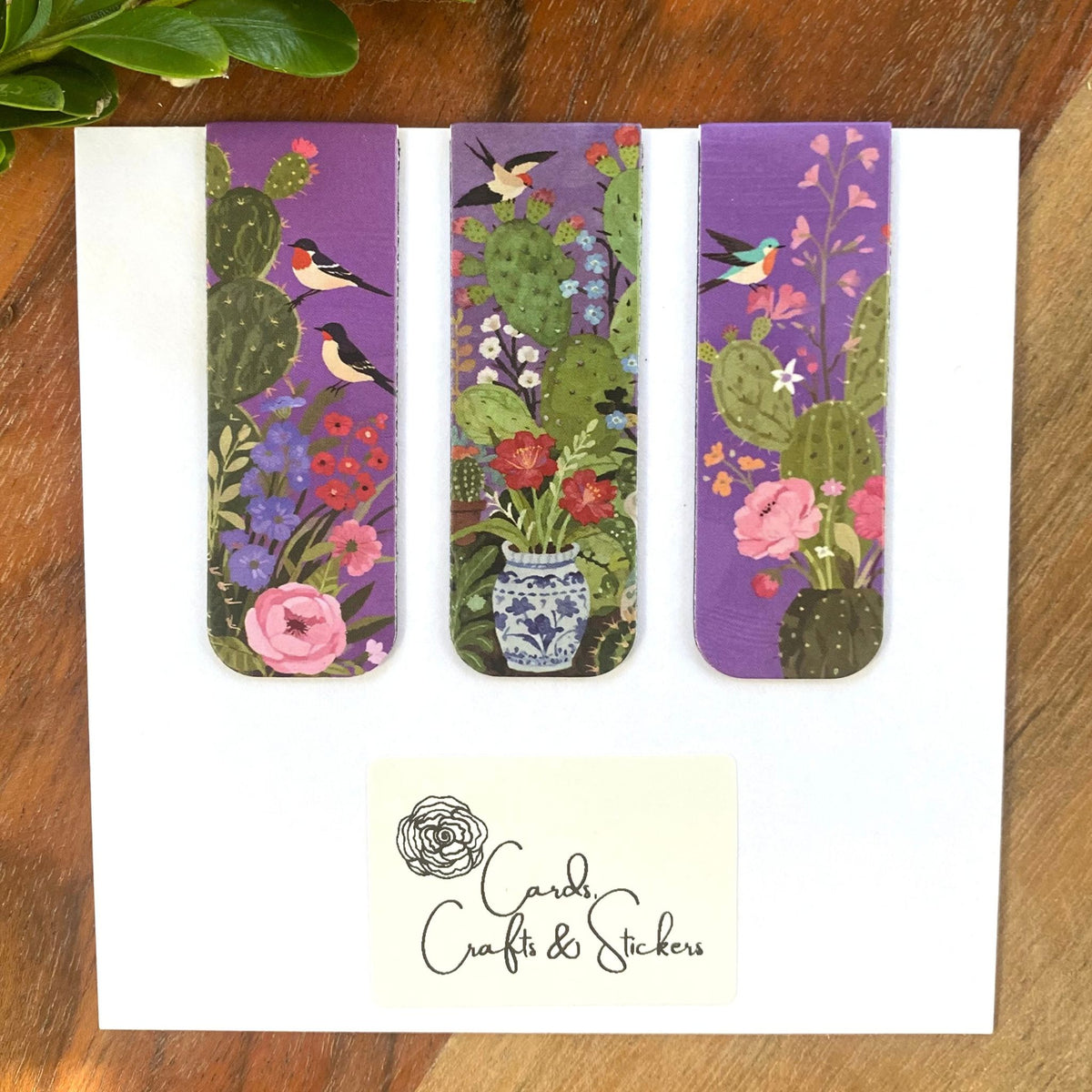 Purple Cactus Bird Magnetic Bookmarks #4 - Set of 3