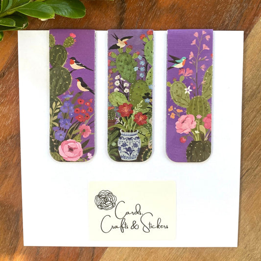 Purple Cactus Bird Magnetic Bookmarks #4 - Set of 3