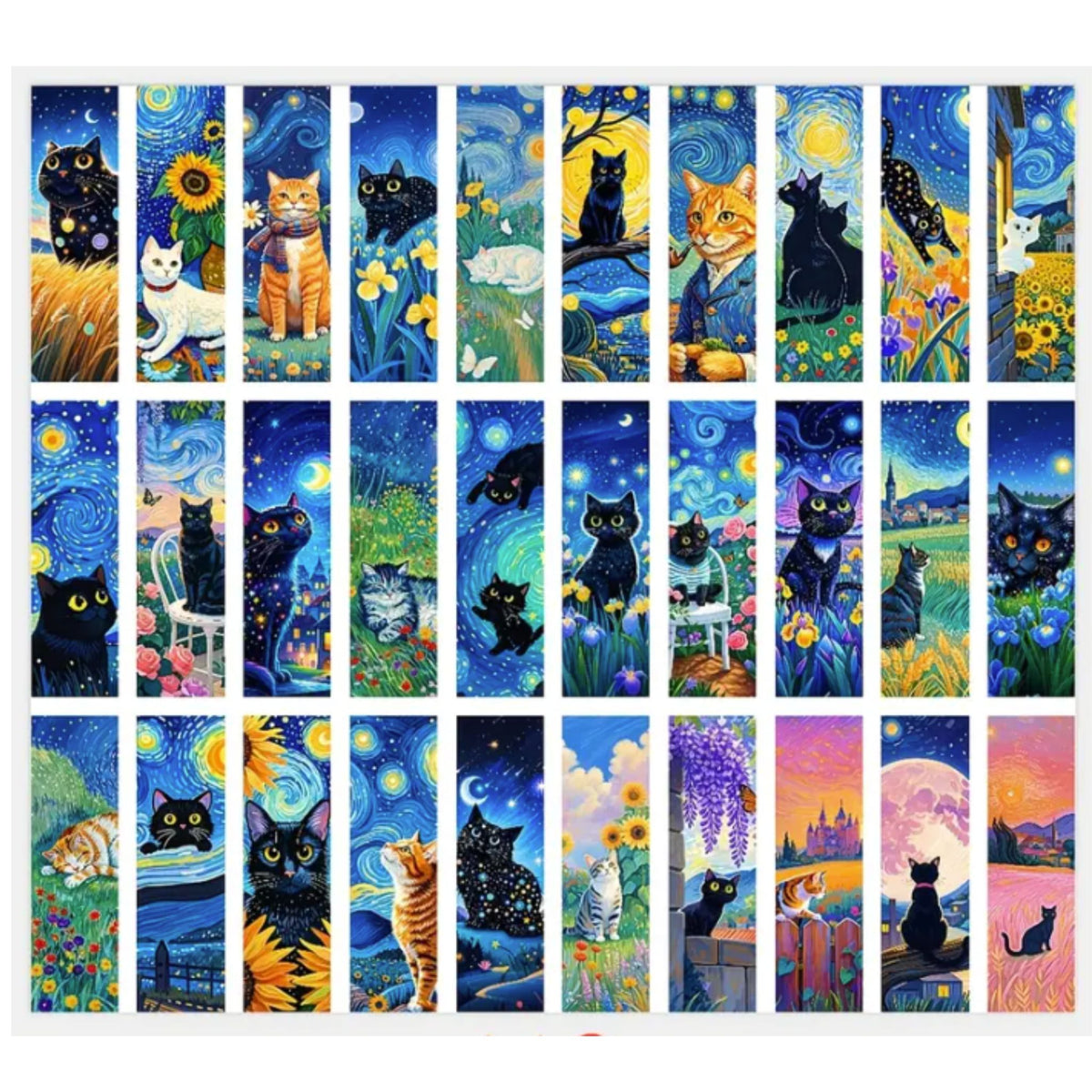 Starry Night Cat Design Bookmarks - Set of 5