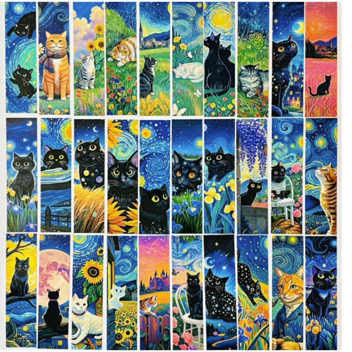 Starry Night Cat Design Bookmarks - Set of 5