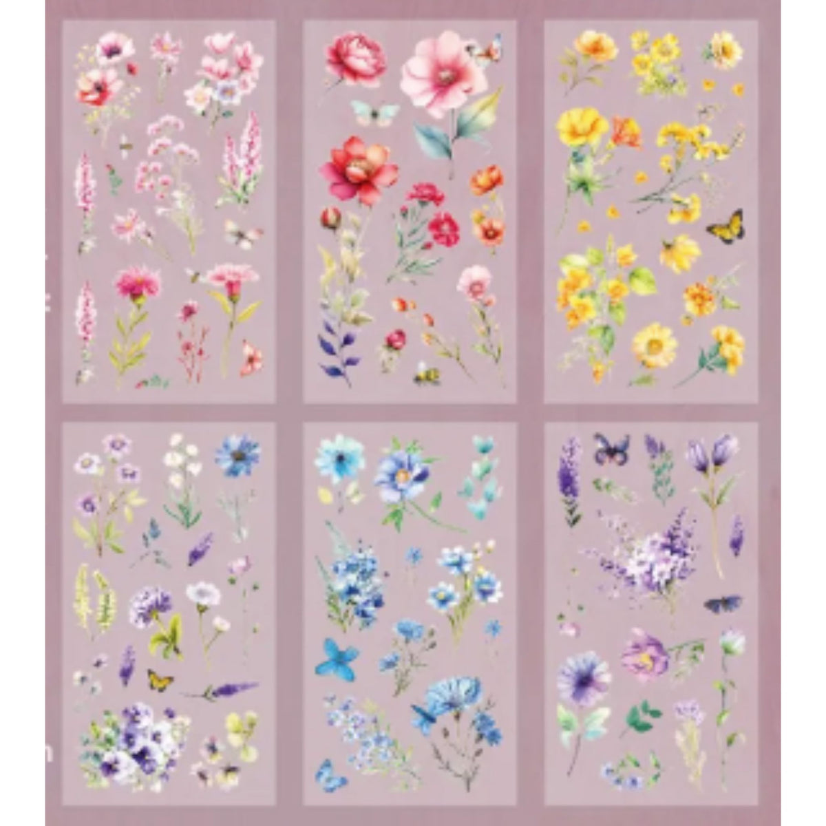 Mixed Flower Transparent PET Stickers - 6 Sheets