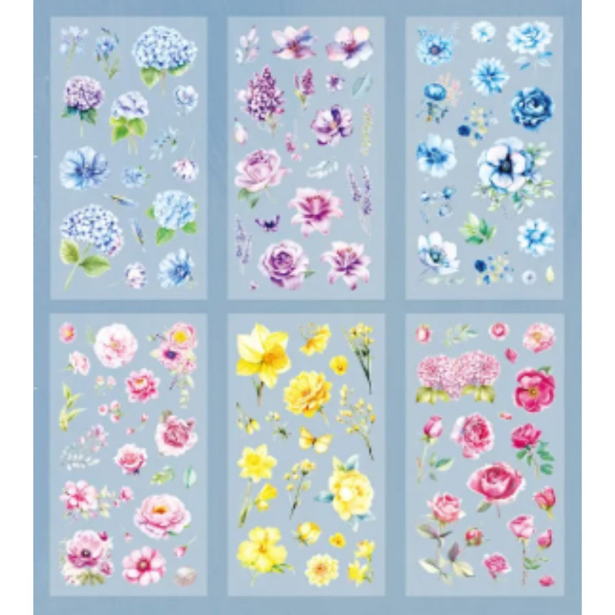 Mixed Flower Transparent PET Stickers - 6 Sheets
