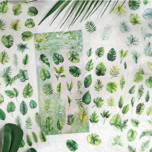 Green Leaf Foliage Transparent PET Stickers - 6 Sheets