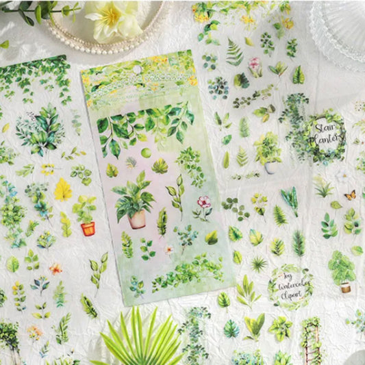 Green Leaf Plant Transparent PET Stickers - 6 Sheets