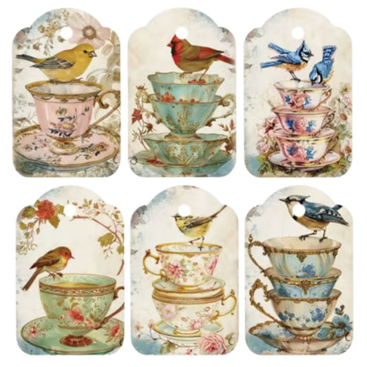 Vintage Bird Tea Cup Gift Tags - Set of 12