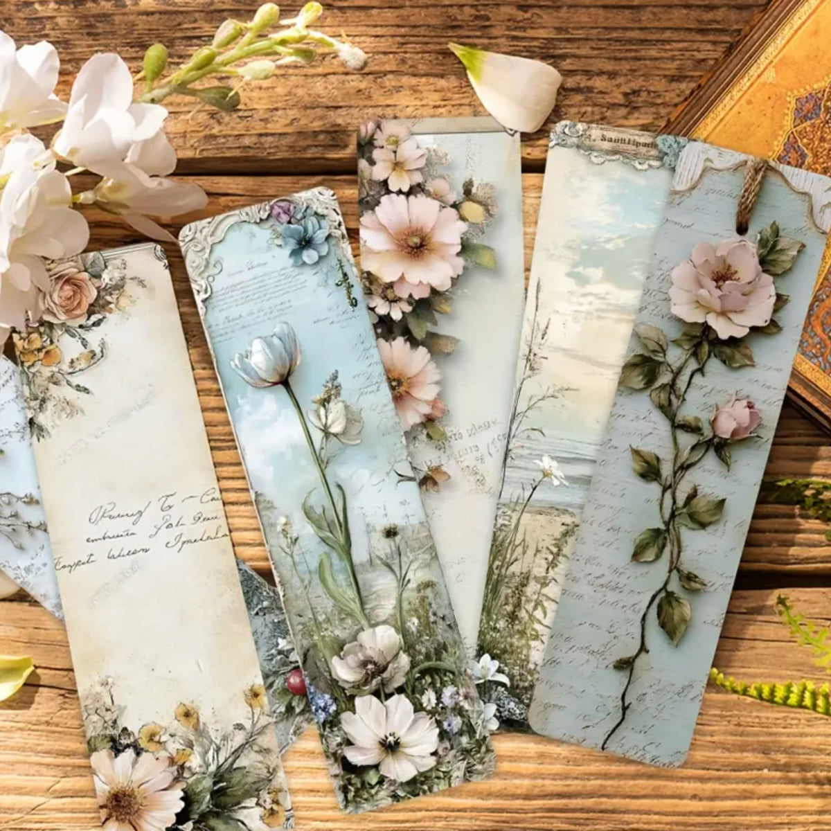 Vintage Flower Bookmarks - Set of 5
