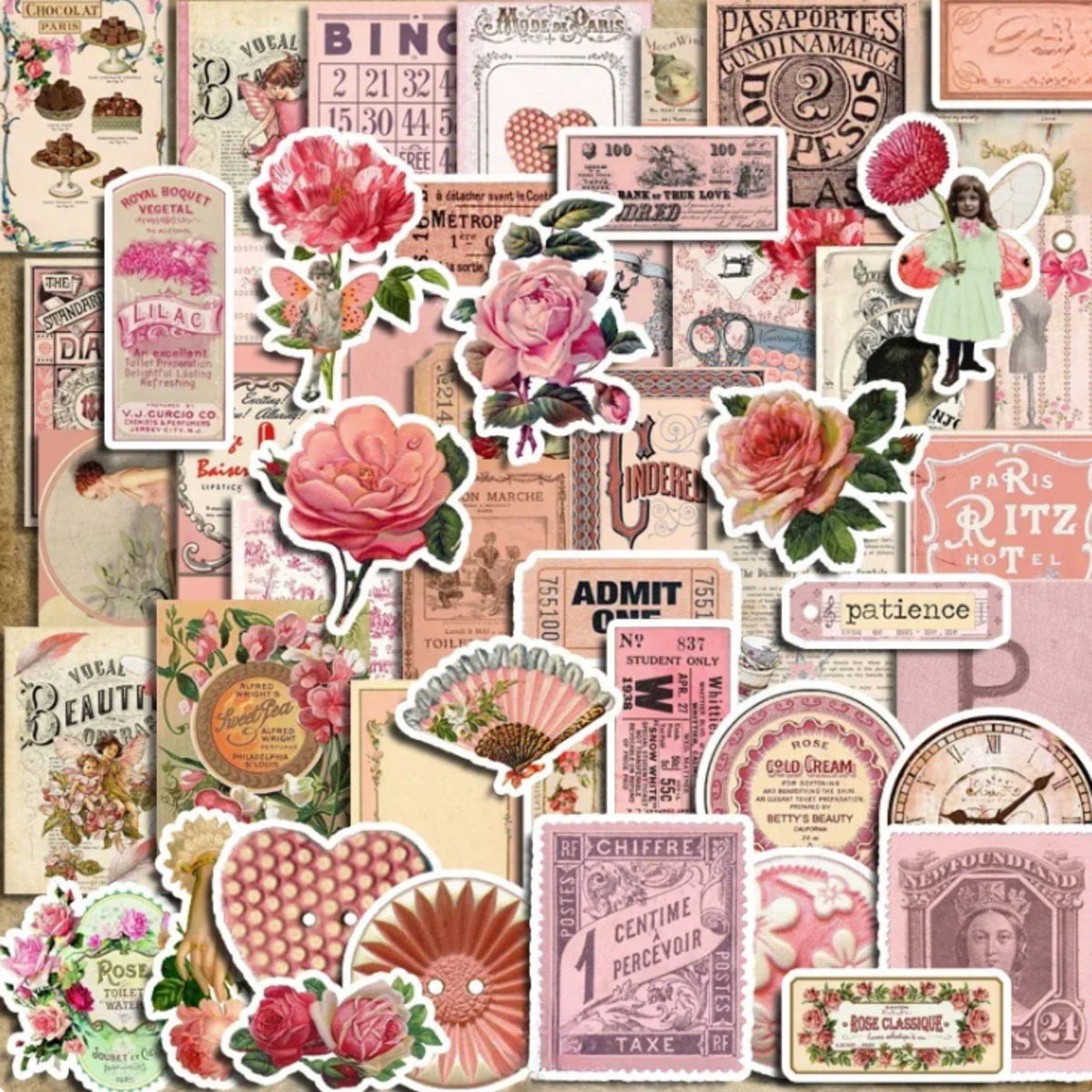 Vintage Pink Rose / Mixed Stickers - 50 Pieces