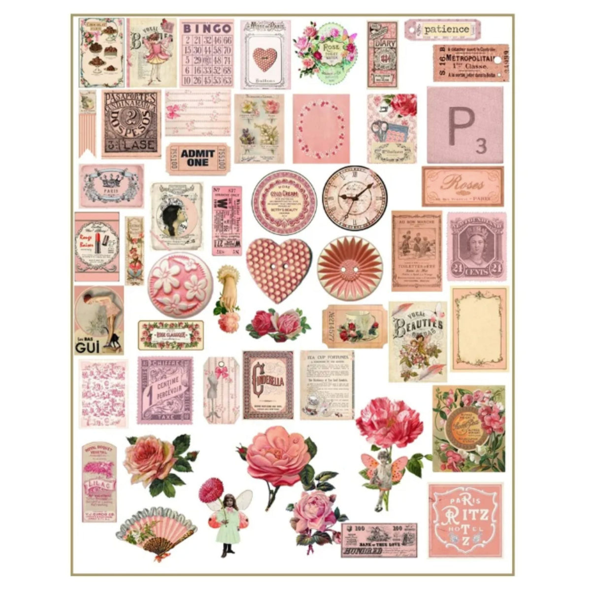 Vintage Pink Rose / Mixed Stickers - 50 Pieces