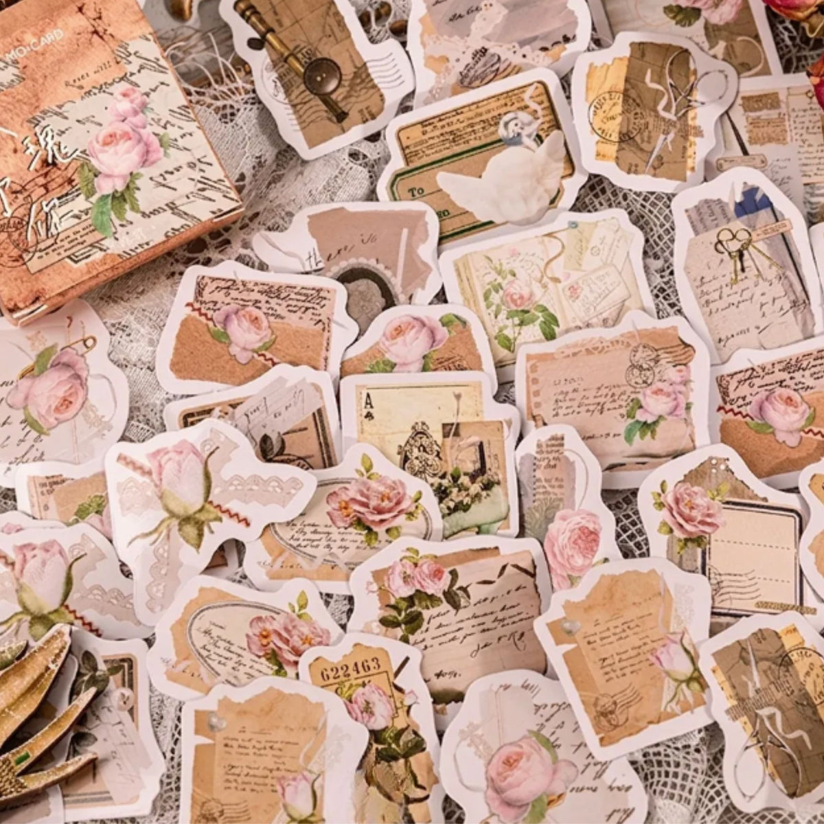 Vintage Pink Rose Stickers - 46 Pieces